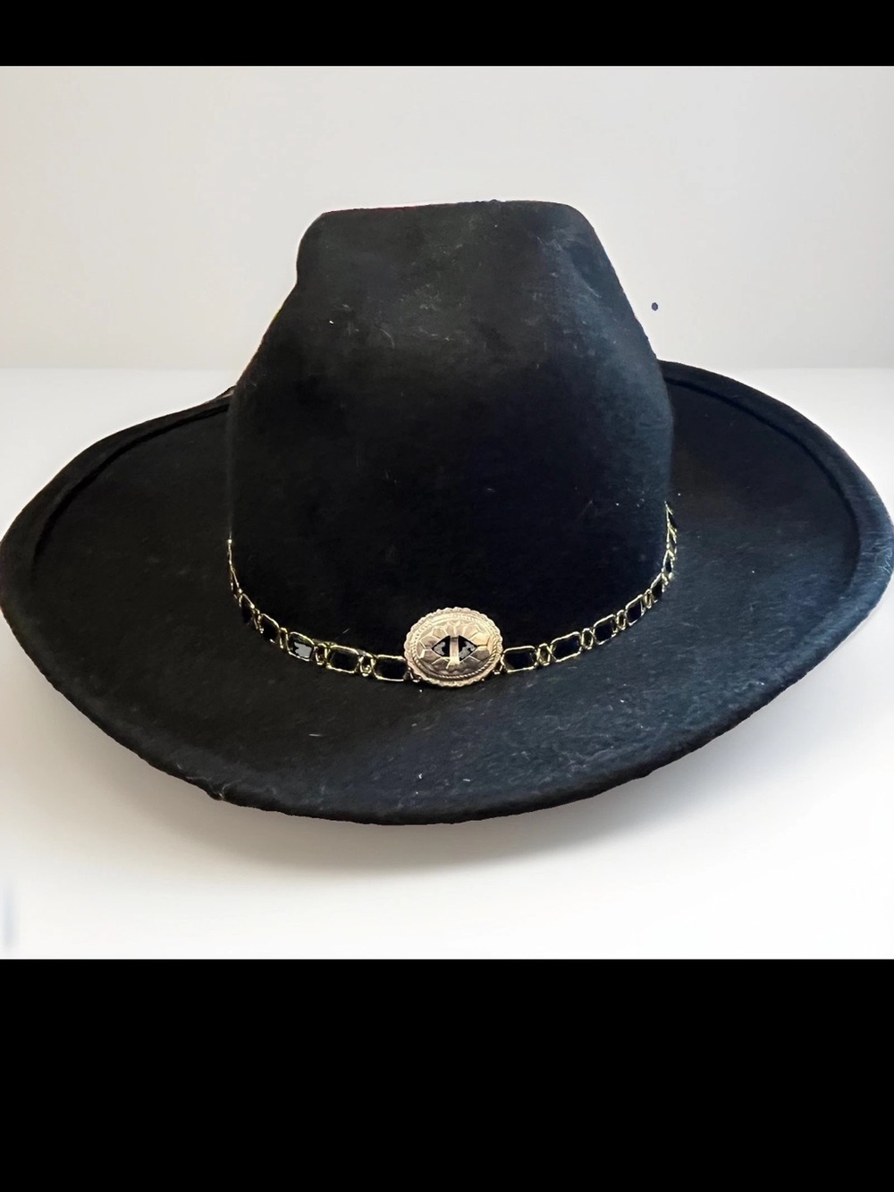 Unbranded 100% Wool Black Western Fedora Wide Brim Rancher Hat Concho Chain